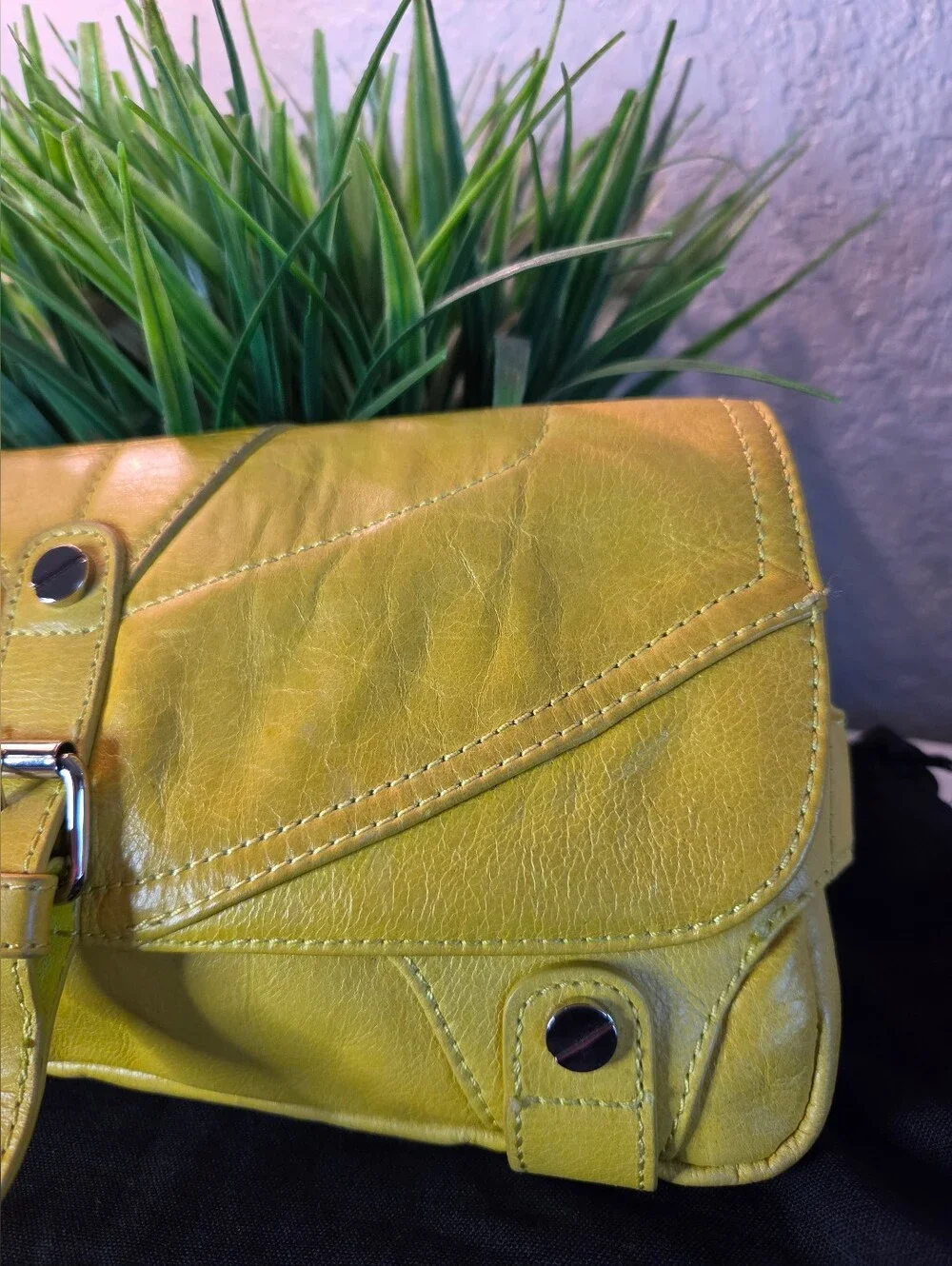 Vintage L.A.M.B. Gwen Stefani Chartreuse Leather Buckle Clutch Y2K